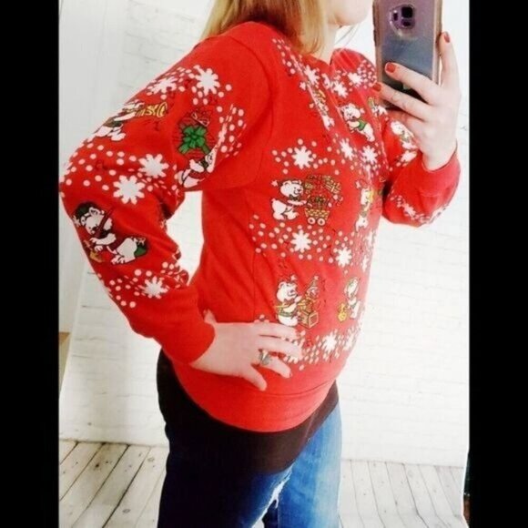 Vintage 80s 90s Kawaii Red Cute Teddy Bear Ugly Christmas Sweatshirt - Picture 5 of 10